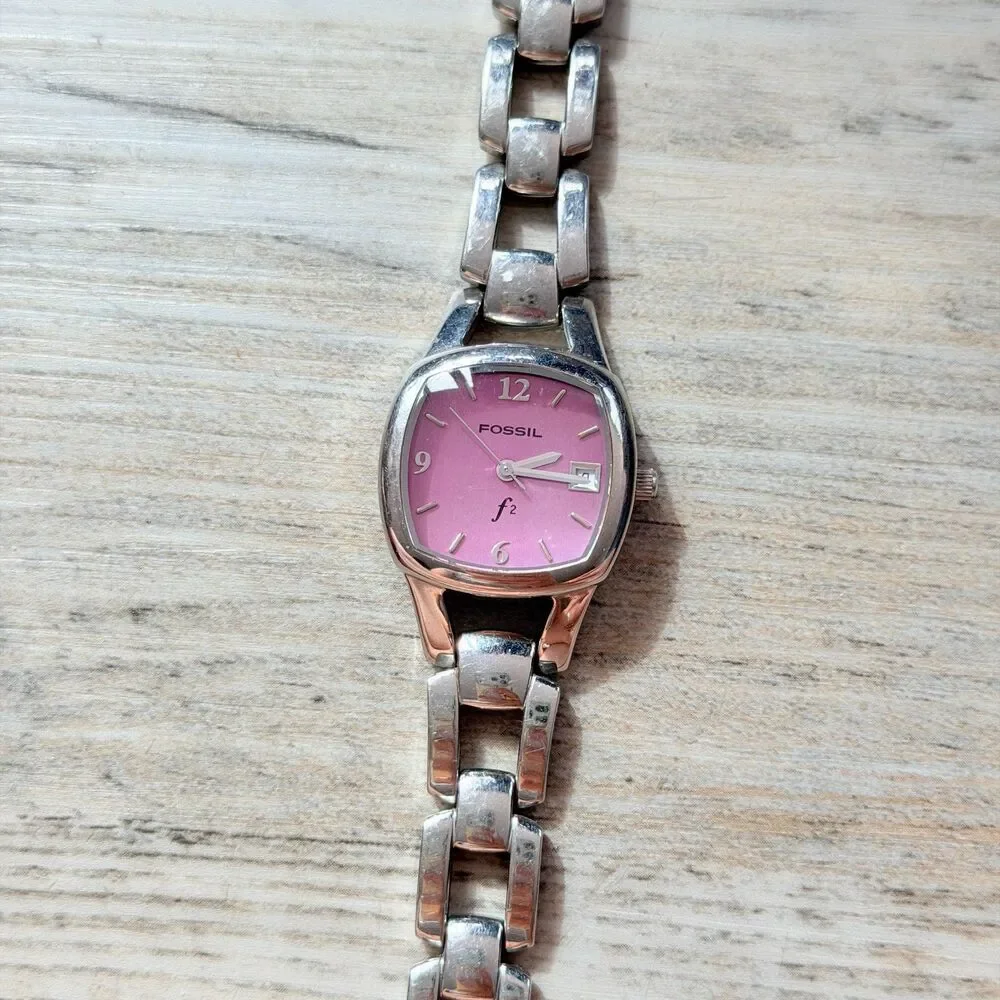 Vintage Fossil F2 Pink Dial Silver Tone Link Bracelet Watch Y2K Chunky Retro